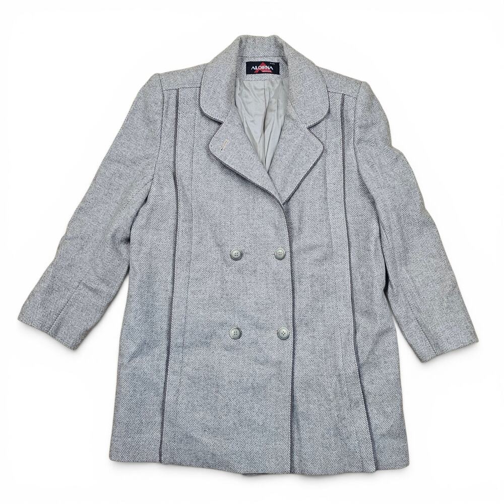 ALORNA Wool Coat Women's L/XL Petite USA VTG 80s Herringbone Elevated Casual